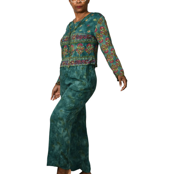 Vintage Carole Little Pant Suit Matching Set Green Teal Tassel Boxy Petite Small - Picture 3 of 16